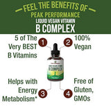 B Complex Liquid Drops suplemento vegano. Mejores vitaminas 5 B con B3 niacina, B6, B7 biotina, B9 folato, metilcobalamina B12. B-Complex para cabello, uñas de la piel, energía, alivio del estrés. Para adultos, hombres, mujeres.