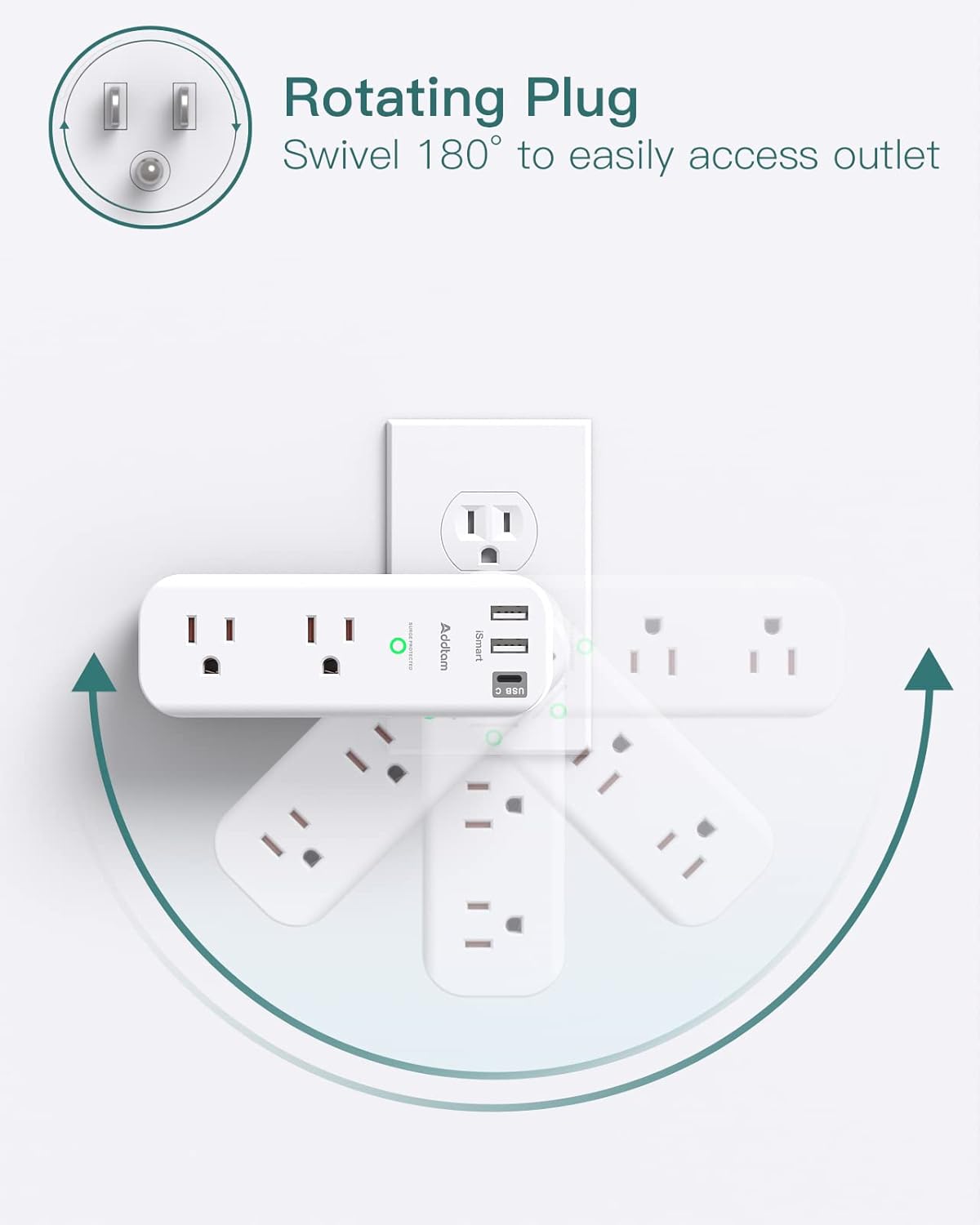 Protector de sobretensiones – Extensor de salida con enchufe giratorio y múltiple con 6 puertos USB de CA, 3 puertos USB (1 USB C), regleta de alimentación de 3 lados con cargador adaptador de pared