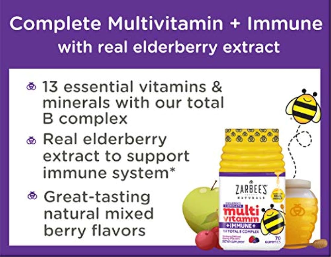 Zarbee's Naturals Multivitamínico completo para niños + goma inmune*, sabores de bayas mezclados, 70 gomas
