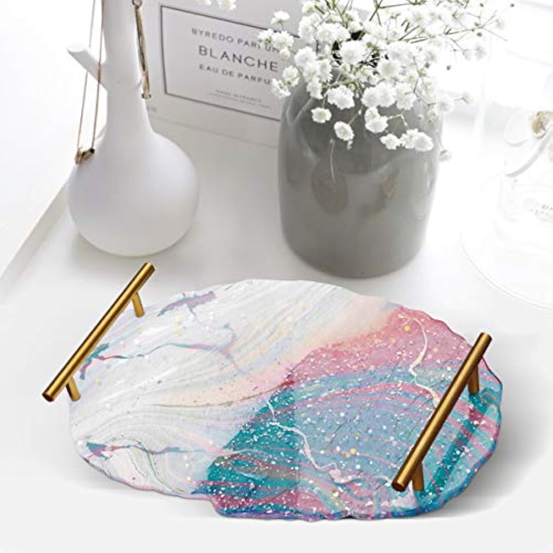 Silicone Resin Tray Molds, BENBO Irregular Oval Coasters Resin Art DIY Tray Mould with 2 Metal Gold Handles, Epoxy Resin Casting Molds for Making Faux Agate Tray Serving Board Fruit Tray Home Decor