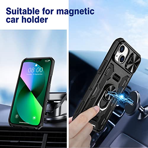 VEGO Funda para iPhone 13 con soporte, cubierta de cámara deslizante y soporte magnético de 360° y clip para cinturón, funda de grado militar, protección resistente a prueba de golpes para iPhone 13, color negro medianoche