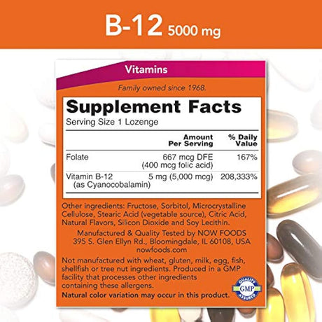 AHORA suplementos, Vitamina B-12 5.000 mcg, Con ácido fólico