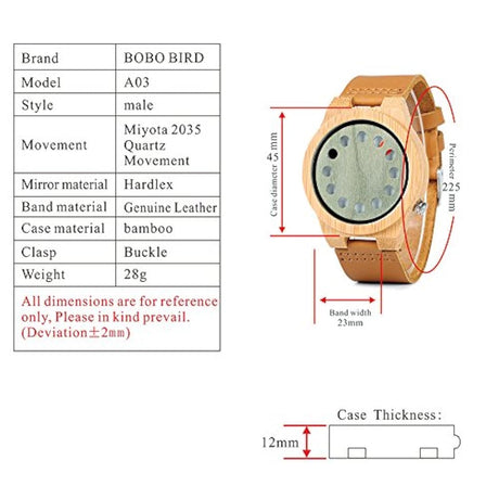 Reloj de madera de bambú para hombre 12 agujeros Temporizador