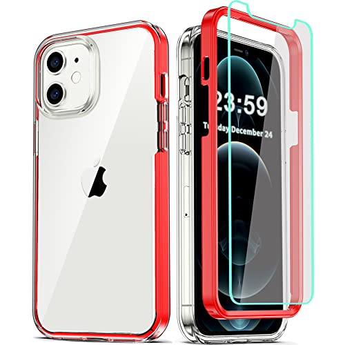 COOLQO - Funda transparente de silicona de cuerpo completo 360º a prueba de golpes, compatible con iPhone 12 / iPhone 12 Pro de 6.1 pulgadas [con 2 protectores de pantalla de vidrio templado], rojo