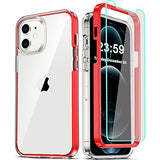 COOLQO - Funda transparente de silicona de cuerpo completo 360º a prueba de golpes, compatible con iPhone 12 / iPhone 12 Pro de 6.1 pulgadas [con 2 protectores de pantalla de vidrio templado], rojo