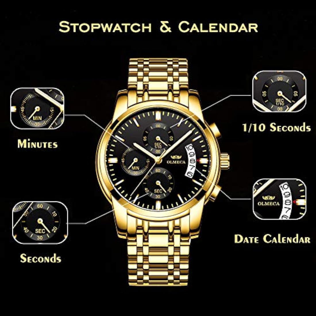 Relojes de pulsera para hombre de acero inoxidable dorado