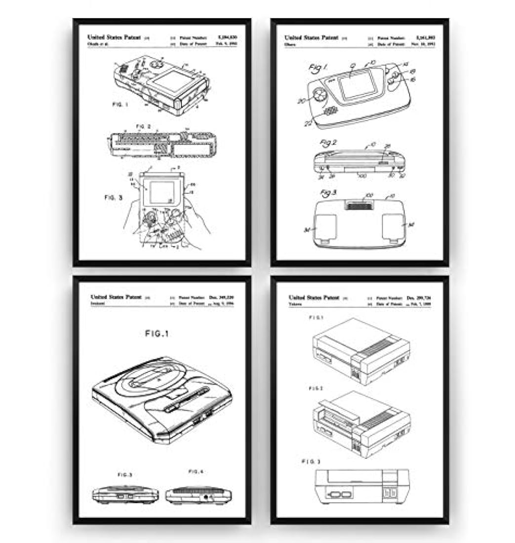 Juego de 4 impresiones de patentes para juegos, póster