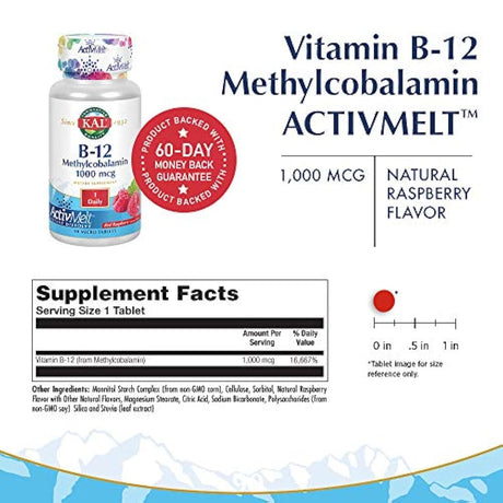 kal B-12 Methylcobalamin Active Melt Frambuesa Tablets, 1000 mcg, 90 Count