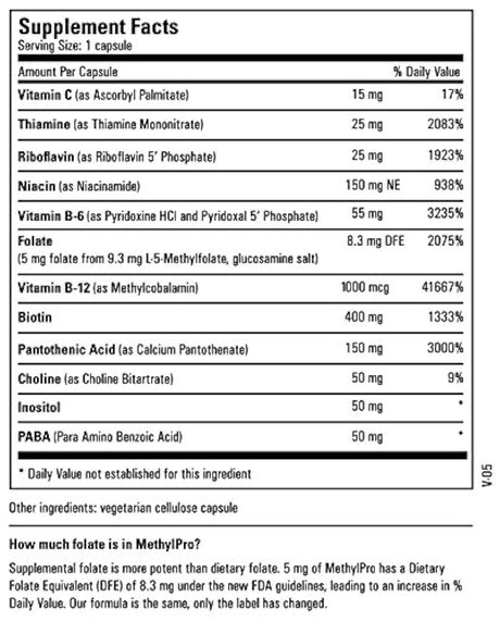 MethylPro B-Complex + 5 mg L-metilfolato (30 cápsulas) – Vitaminas de fuerza profesional B para energía, estado de ánimo + soporte inmunológico con metilfolato activo, metil B12, B6 como P-5-P – No OMG + sin gluten