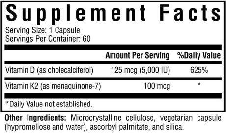 Vitamina D3 + K2 5000 IU - Salud Ósea e Inmunitaria - 60 Cápsulas