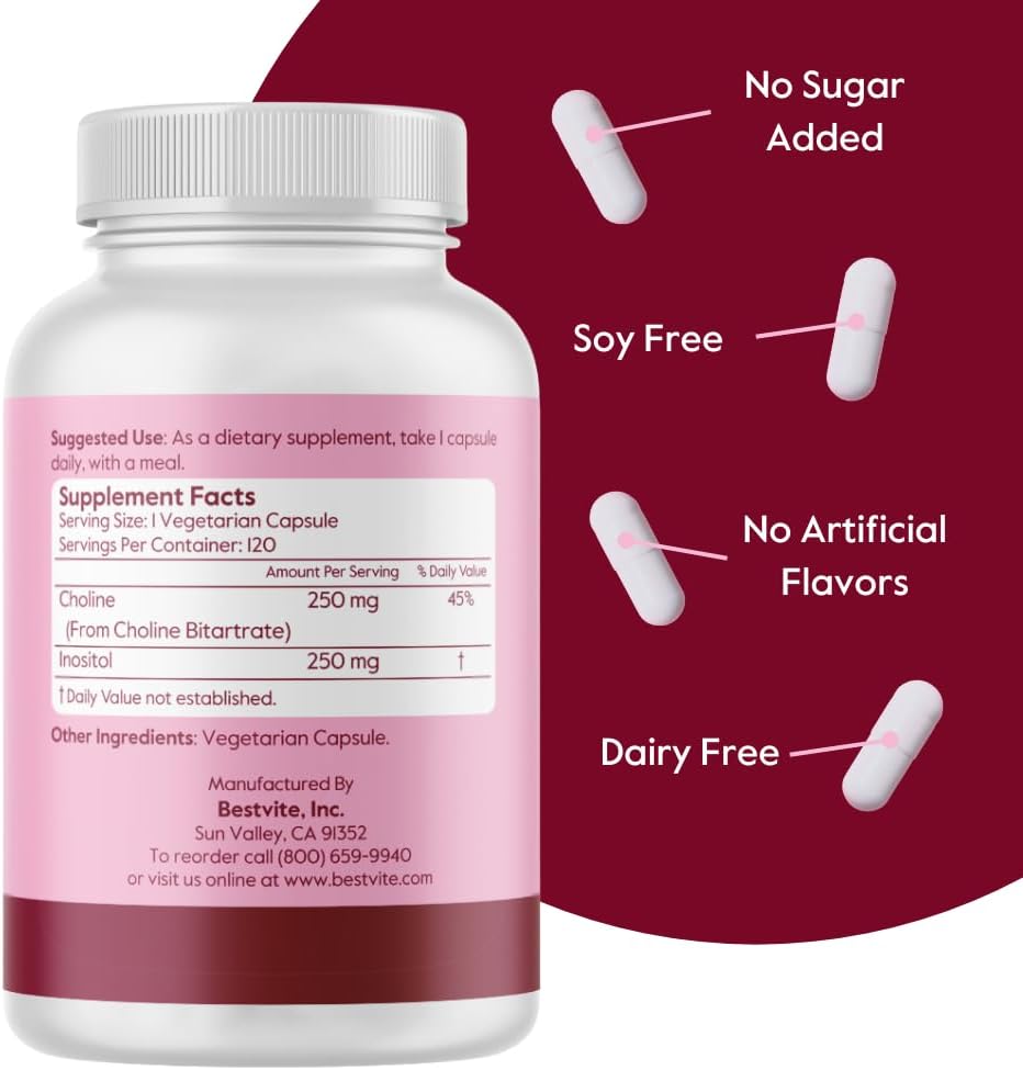 Bestvite Choline Inositol 500mg Vegan Sin rellenos 120 cápsulas