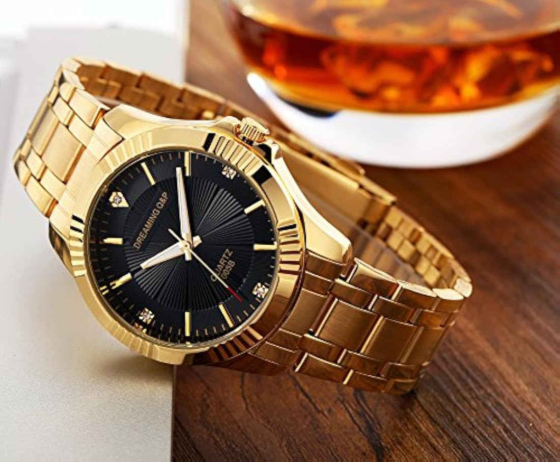 Reloj de acero inoxidable dorado, cristales estilo clásico