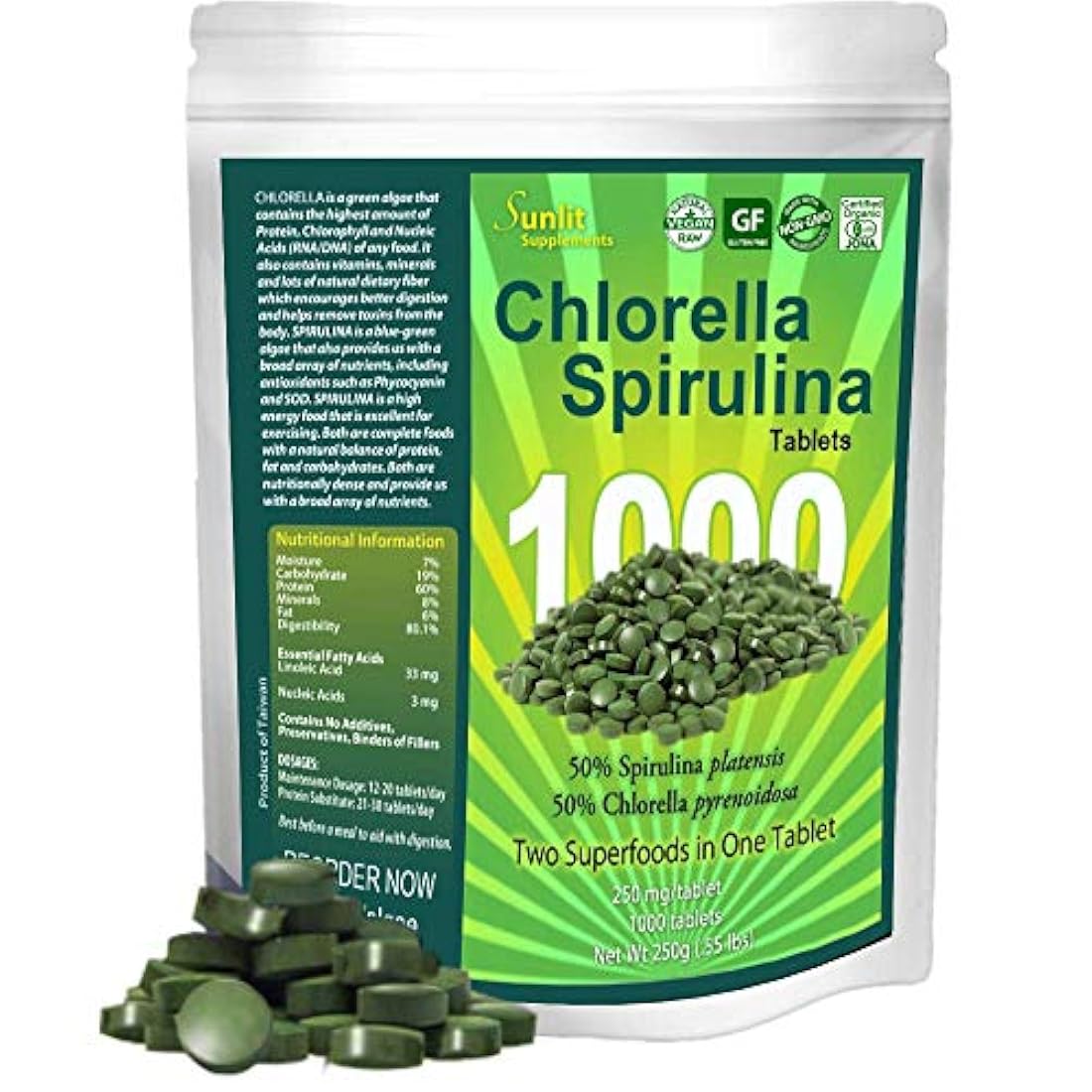 Comprimidos de chlorela y spirulina (paquete grande de 1000)