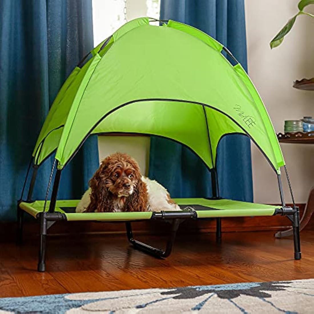 Cuna elevada para perro toldo de sombra, verde 90x90x76cms
