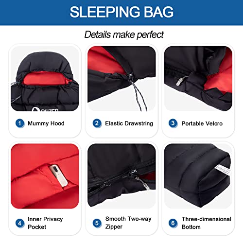 QEZER Saco de dormir ultraligero de plumón para adultos de 44 a 62 grados F con 600 grados de potencia, saco de dormir compacto de verano con saco de compresión para mochileros, senderismo y camping