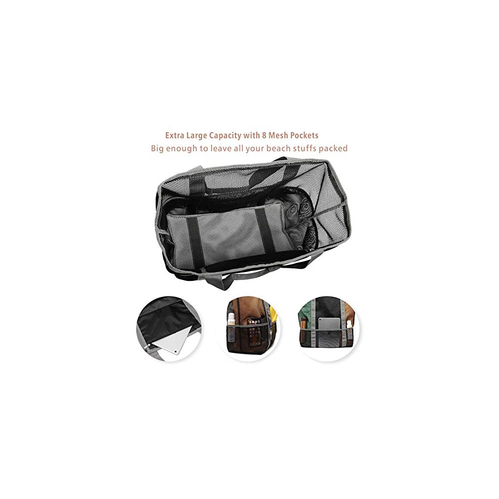 Bolsa de playa malla de gran tamaño 9 bolsillos color negro