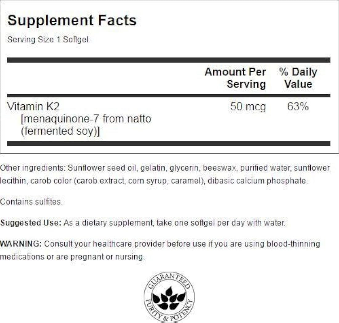 Swanson Natural Vitamina K2 (Menaquinone-7 al 100% con tela de algodón de pato de Natto) 50 mcg 30 sgels