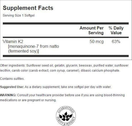 Swanson Natural Vitamina K2 (Menaquinone-7 al 100% con tela de algodón de pato de Natto) 50 mcg 30 sgels