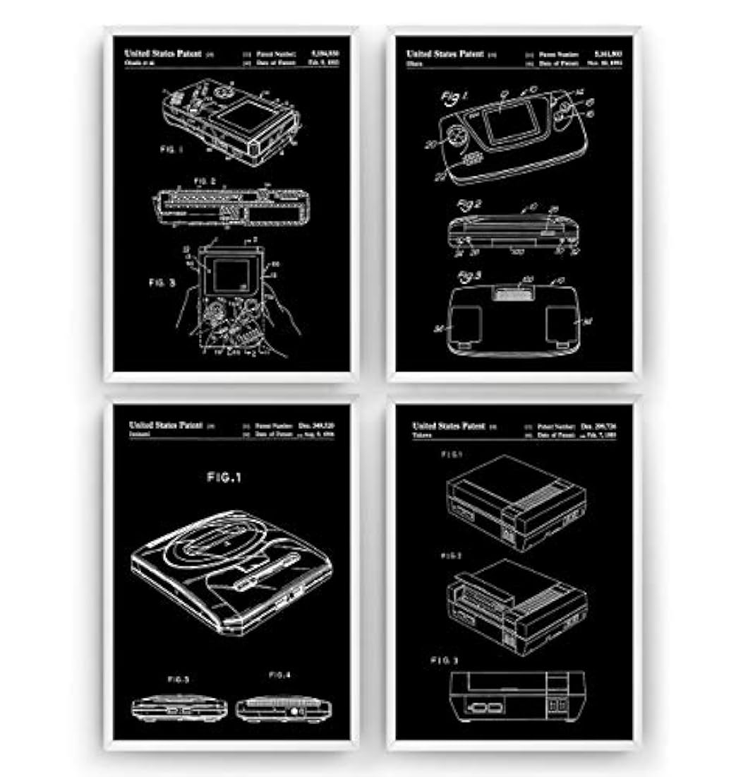 Juego de 4 impresiones de patentes para juegos, póster