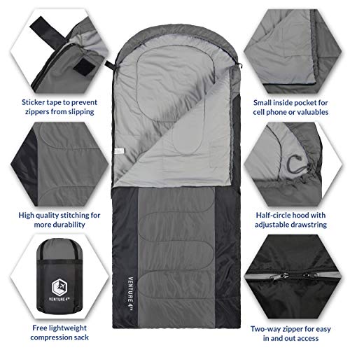 VENTURE 4TH - Saco de dormir para mochilero, ligero, cálido, pero también para tiempo frío, para adultos, niños o parejas, ideal para senderismo, camping o aventuras al aire libre, individual, XXL o doble