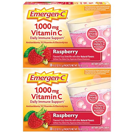 Emergen-C 1000 mg de vitamina C en polvo, con antioxidantes, vitaminas B y electrolitos, suplementos de vitamina C para apoyo inmune, mezcla de bebida libre de cafeína, sabor a frambuesa – Suministro de 60 unidades/2 meses