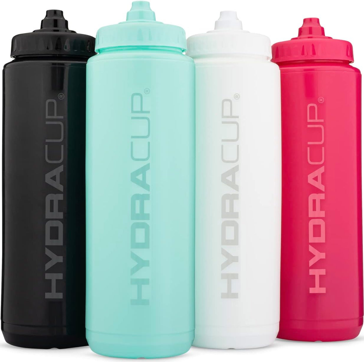 Hydra Cup - Paquete de 4 botellas de agua exprimibles de 32 onzas, sin BPA, para deportes, ciclismo, bicicleta, hidratación rápida por chorro, batidor de alambre incluido