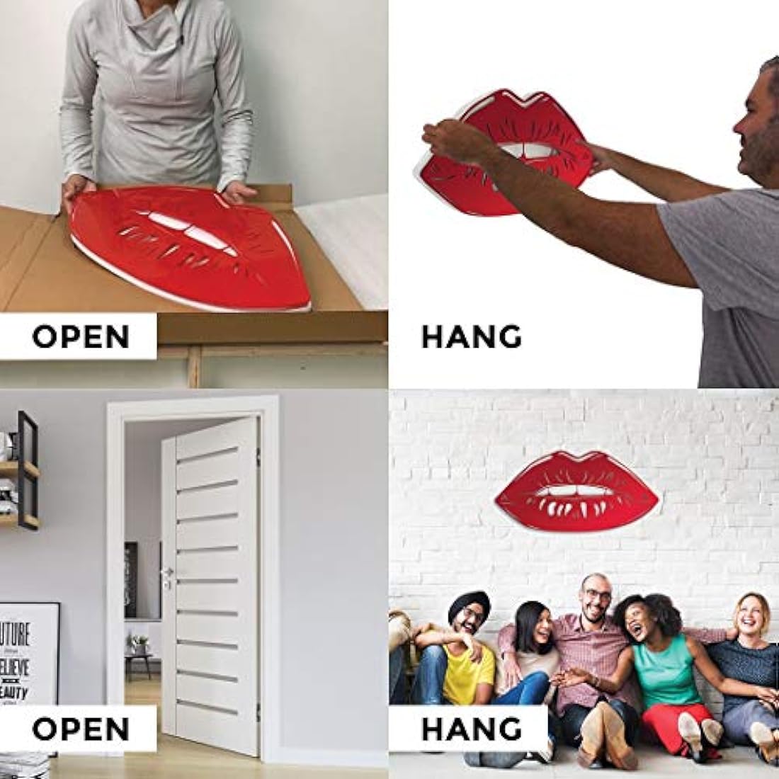 Arte de pared 3D con labios brillantes, listo para colgar.