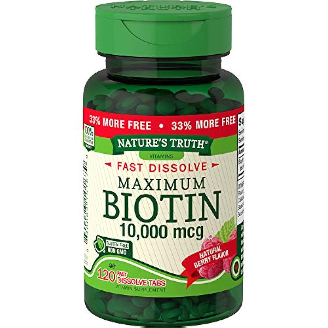 Biotin 10000mcg | 120 comprimidos de disolución rápida | Máxima fuerza | Suplemento para piel y uñas del cabello | Sabor natural de bayas | Vegetariano, sin OMG, sin gluten | por Nature 's Truth
