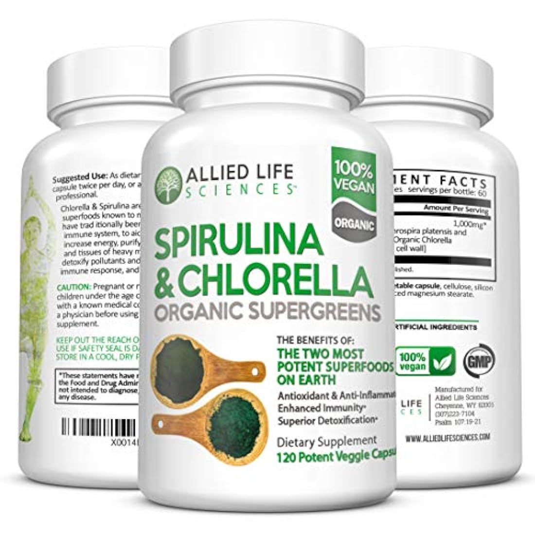 Allied Life espirulina y clorela. Cápsulas de proteínas