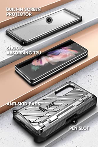 Funda para Samsung Galaxy Z Fold 3 5G (2021), carcasa robusta de doble capa con protector de pantalla integrado y soporte y ranura para bolígrafo S (plata)