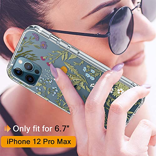 GiiKa Funda para iPhone 12 Pro Max con protector de pantalla, transparente de cuerpo completo a prueba de golpes de protección floral niñas mujeres caso duro con TPU parachoques cubierta teléfono caso para iPhone 12 Pro Max, flores verdes