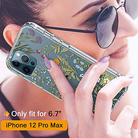GiiKa Funda para iPhone 12 Pro Max con protector de pantalla, transparente de cuerpo completo a prueba de golpes de protección floral niñas mujeres caso duro con TPU parachoques cubierta teléfono caso para iPhone 12 Pro Max, flores verdes