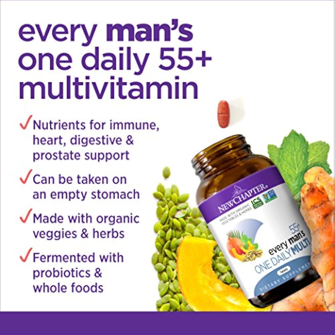 Nuevo Capítulo Multivitamínico para Hombres - Cada Hombre One Daily 55+ con Probióticos Fermentados + Alimentos Completos + Astaxantina + Ingredientes Orgánicos No OGM