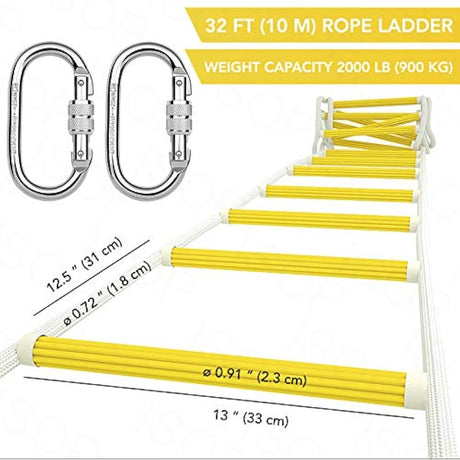 ISOP escalera de emergencia para fuego, 32.8 ft, resistente al fuego, escalera de cuerda de seguridad con cable de seguridad y cinturón de seguridad, reutilizable, capacidad de peso de hasta 2000 libras