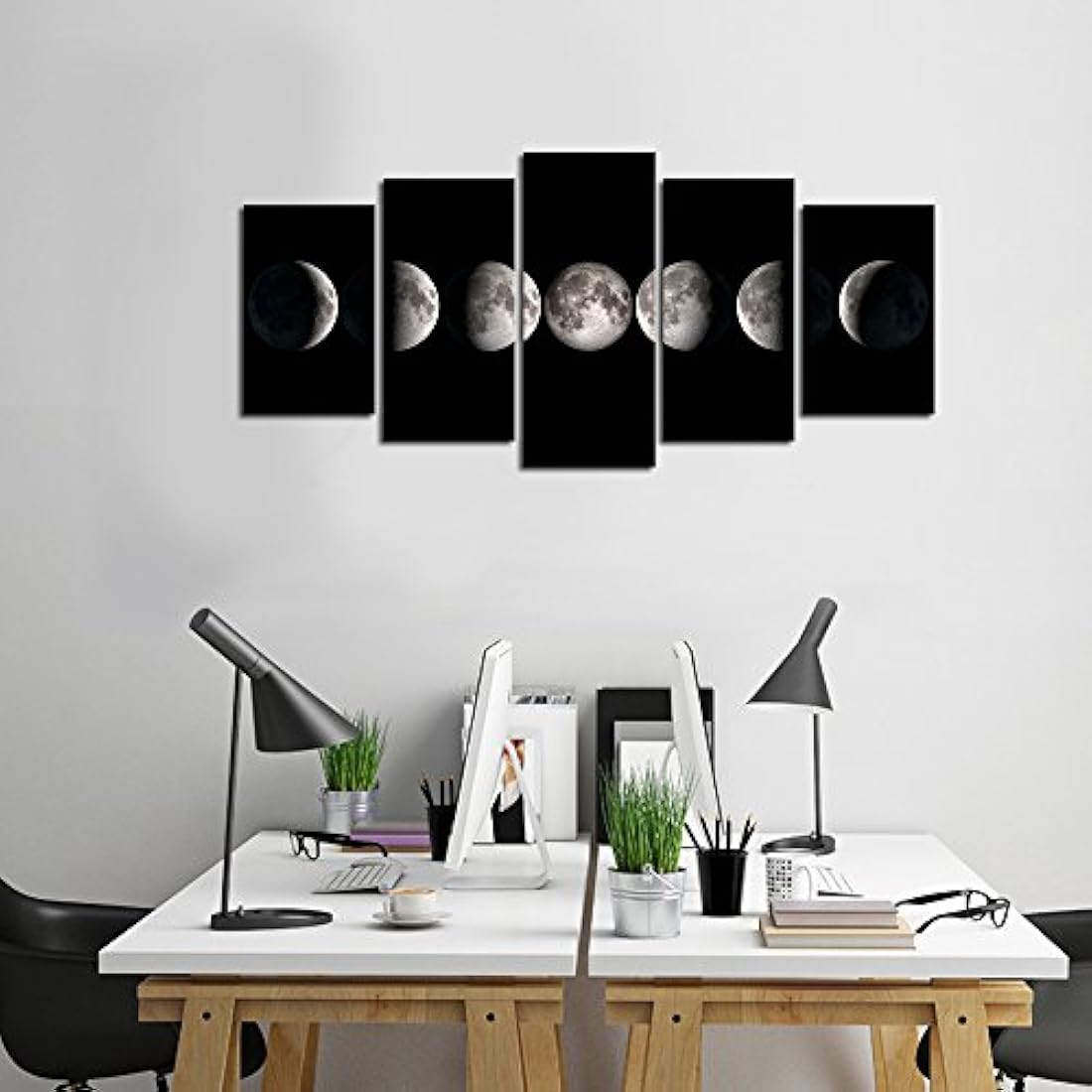 Mar encanto – Giclée moderno lona Prints estirada arte fases de la luna blanco y negro fotos a foto pinturas sobre lona arte de la pared para el hogar oficina decoración 16x48