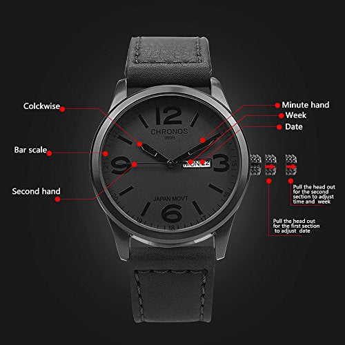 Reloj de pulsera de cuero negro para hombres