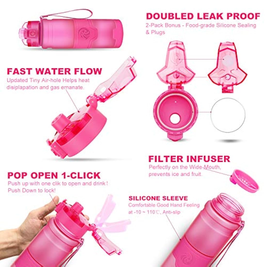 Botella de agua deportiva Zorri, 13.5, 17, 23.6 onzas, sin BPA, prueba de fugas, ligera, para exteriores, campamento, ciclismo, fitness, gimnasio, yoga, niños, adultos, botellas de bebida con filtro, tapa abierta con cerradura