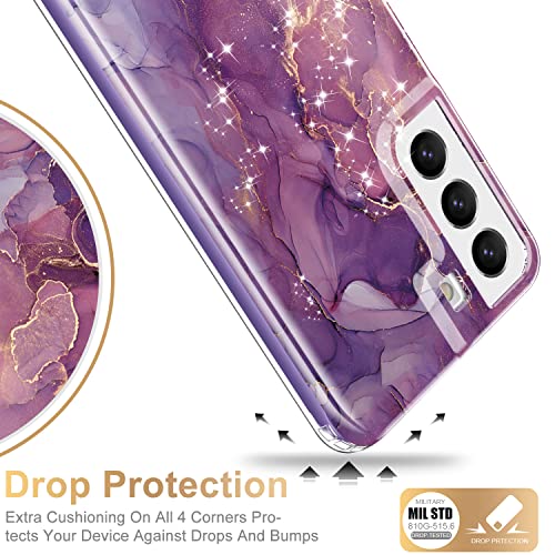 ESDOT Funda para Samsung Galaxy S22, grado militar, prueba de caídas de 21 pies, funda resistente con diseños de moda para mujeres y niñas, funda protectora para Galaxy S22 de 6.1 pulgadas, mármol morado con purpurina