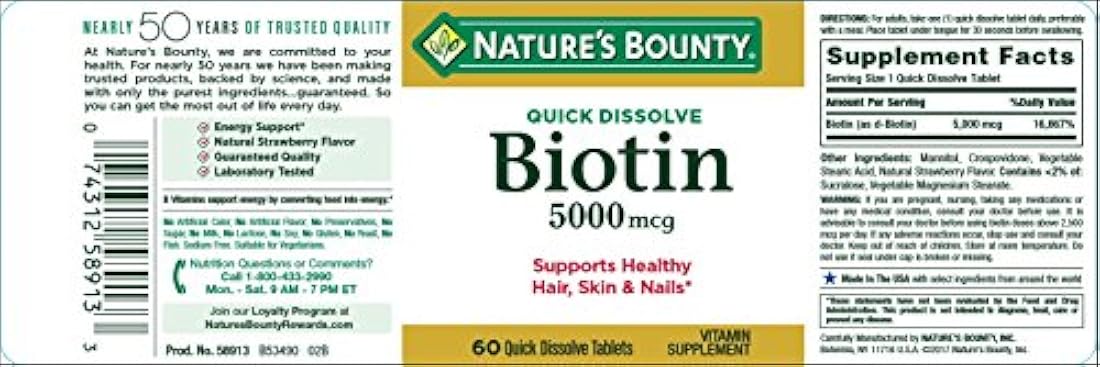 Suplemento de biotina soporta cabello saludable, piel y uñas