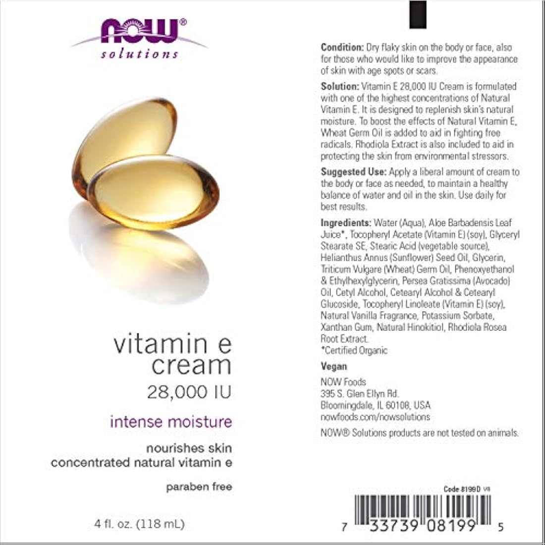Now Solutions, Vitamina E Cream 28,000 IU, humedad intensa, vitamina E concentrada, 4 onzas