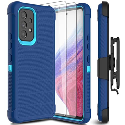Leptech Funda para Samsung Galaxy A53 5G con protector de pantalla de cristal, [Serie Funda] Clip de cinturón de protección, resistente, resistente, resistente, resistente, militar, a prueba de golpes, cubierta para teléfono celular (azul)