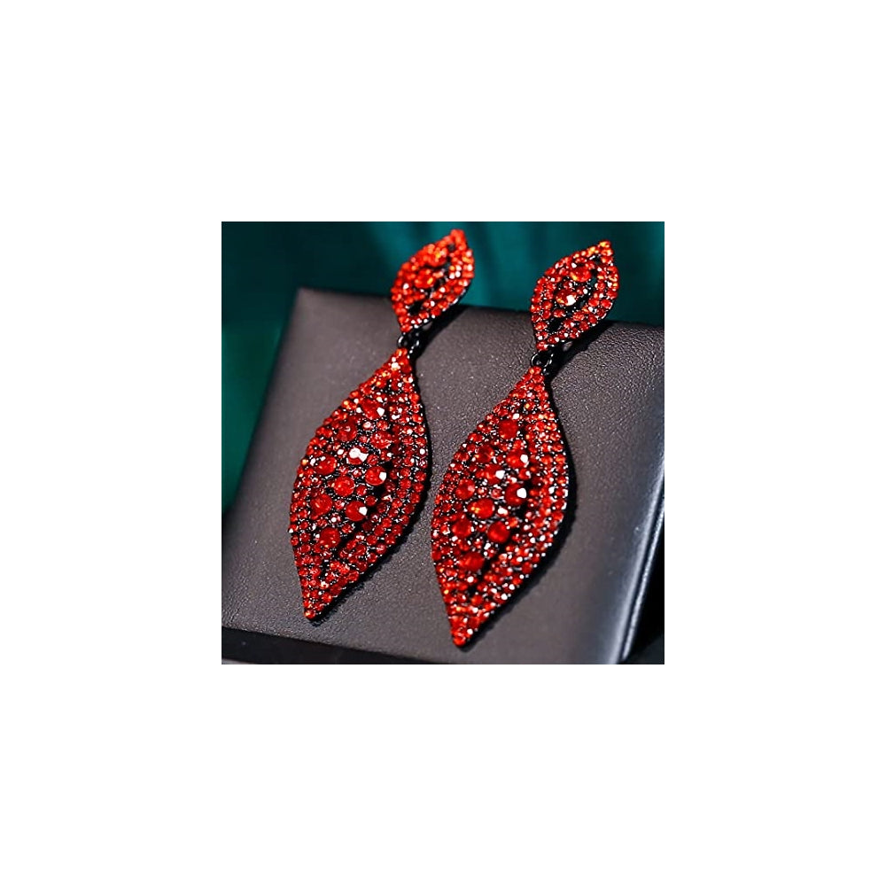 Aretes colgantes de 2 hojas con cristales de estrás rojo