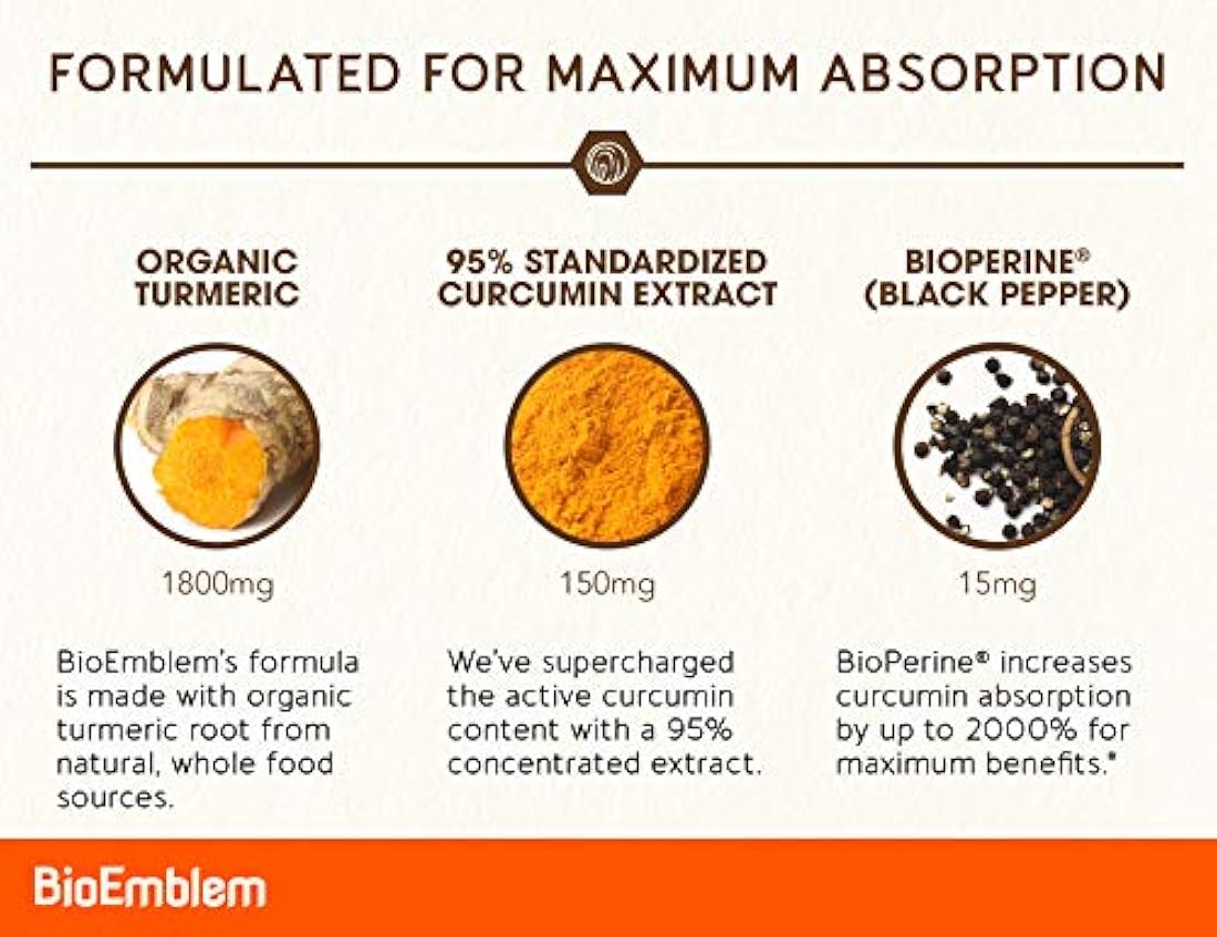 BioEmblem Cúrcuma Suplemento de Curcumina con BioPerina curcuminoides | Fabricado en California, sin OMG, suministro de 30 días