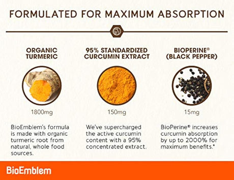 BioEmblem Cúrcuma Suplemento de Curcumina con BioPerina curcuminoides | Fabricado en California, sin OMG, suministro de 30 días