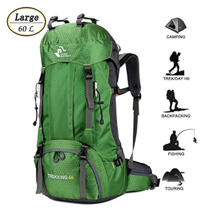 Morral de senderismo impermeable ligero, 60L, verde, Bseash