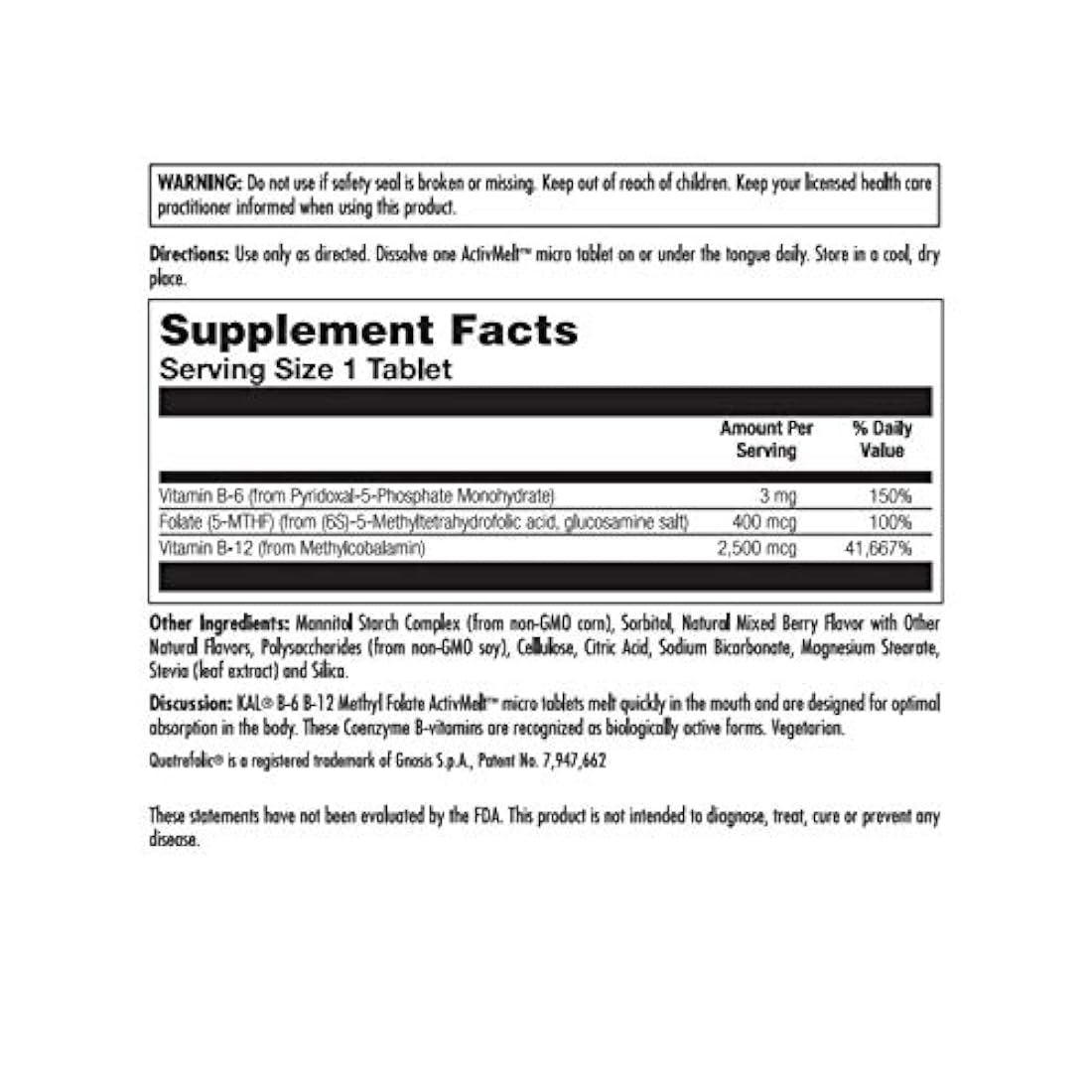 KAL B-6/B-12 Metil Folate Activmelt, mezcla de bayas, blanco, 60 unidades