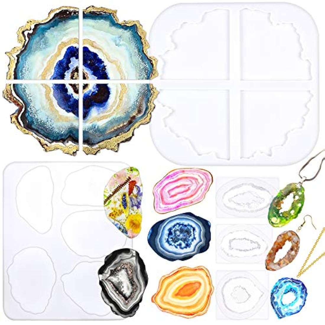 Geode Agate Coaster Silicone Epoxy Resin Molds 11 Shapes Assortment 1.4inch-5.2inch for Polymer Clay Craft Soap Jewelry Making Concrete Cement