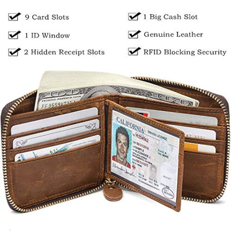 Cartera con cremallera para hombre  bloqueo de cuero