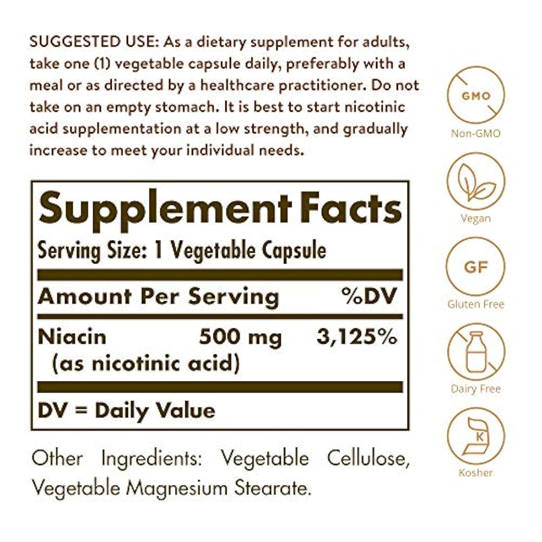 Solgar, Vitamina B3 500 mg Cápsulas vegetales, 100 unidades