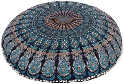Funda bohemia para cojín, de 32 pulgadas, con diseño de mandala, para meditación, decorativa, otomana, grande, para exteriores, decoración del hogar, decoración de arte en el hogar, redonda, con pompones de algodón, cómoda